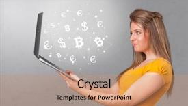  Presentation with great communication skills in business - Colorful PPT theme enhanced with money pound sign - man holding laptop with business backdrop and a coral colored foreground