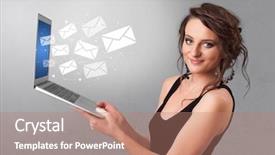  Presentation with business communication - Colorful PPT theme enhanced with money pound sign - man holding laptop with business backdrop and a coral colored foreground