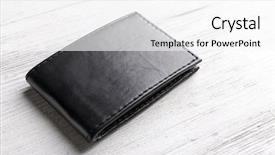  Presentation with kevlar black - Amazing slide deck having personal wealth - black leather wallet on wooden backdrop and a  colored foreground
