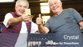  Presentation with friends - Cool new PPT layouts with satisfied senior friends thumbs up backdrop and a ocean colored foreground