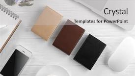  Presentation with dysfunctional workplace - Slide set with stylish workplace with leather wallets background and a  colored foreground