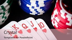  Presentation with bridge playing cards - Colorful slide set enhanced with money round table - playing cards and poker chips backdrop and a  colored foreground