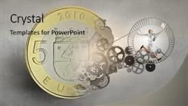  Presentation with gears - Presentation theme having money slave - young businesswoman running in wheel background and a  colored foreground