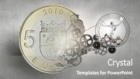  Presentation with wheel - Presentation design enhanced with money slave - young businesswoman running in wheel background and a  colored foreground