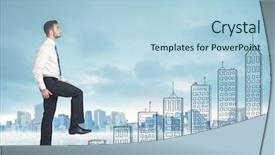  Presentation with city buildings - Presentation design having money staircase sky - business man climbing up background and a  colored foreground
