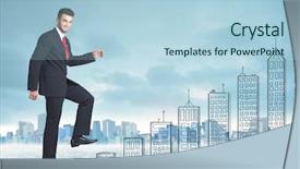  Presentation with business man climbs up to the top of 3d success stairs steps - PPT theme featuring money staircase sky - business man climbing up background and a  colored foreground