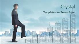  Presentation with business man climbs up to the top of 3d success stairs steps - Audience pleasing PPT layouts consisting of money staircase sky - business man climbing up backdrop and a  colored foreground