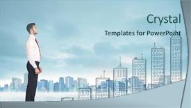  Presentation with business man climbs up to the top of 3d success stairs steps - Slide deck featuring money staircase sky - business man climbing up background and a  colored foreground