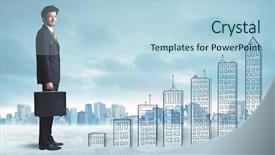  Presentation with city buildings - PPT theme with money staircase sky - business man climbing up background and a  colored foreground
