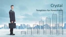  Presentation with business man climbs up to the top of 3d success stairs steps - PPT theme having money staircase sky - business man climbing up background and a  colored foreground