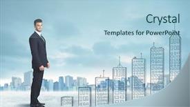  Presentation with business man climbs up to the top of 3d success stairs steps - Audience pleasing slide deck consisting of money staircase sky - business man climbing up backdrop and a  colored foreground