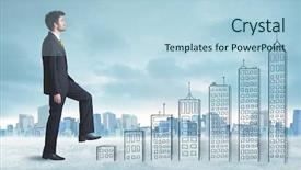  Presentation with city buildings - PPT theme enhanced with money staircase sky - business man climbing up background and a  colored foreground