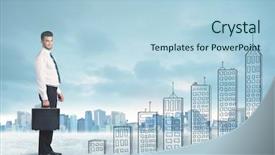  Presentation with city buildings - Beautiful slide set featuring money staircase sky - business man climbing up backdrop and a  colored foreground