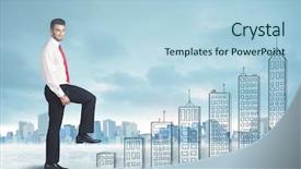  Presentation with business man climbs up to the top of 3d success stairs steps - Beautiful slide deck featuring money staircase sky - business man climbing up backdrop and a  colored foreground