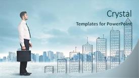  Presentation with business man climbs up to the top of 3d success stairs steps - PPT theme featuring money staircase sky - business man climbing up background and a light blue colored foreground