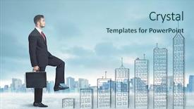 Presentation with city buildings - Presentation theme enhanced with money staircase sky - business man climbing up background and a  colored foreground