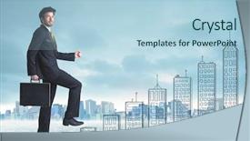  Presentation with city buildings - Presentation theme having money staircase sky - business man climbing up background and a light blue colored foreground