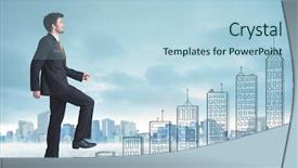  Presentation with business man climbs up to the top of 3d success stairs steps - Colorful slide deck enhanced with money staircase sky - business man climbing up backdrop and a  colored foreground