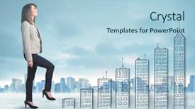  Presentation with city buildings - Colorful presentation enhanced with money staircase sky - business woman climbing up backdrop and a light blue colored foreground