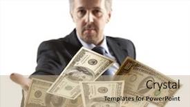  Presentation with throwing the rugbyball - Presentation enhanced with money success - handsome adult businessman throwing dollar background and a  colored foreground