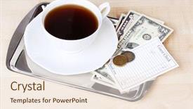  Presentation with coffee cup - Colorful slide set enhanced with money thank - check and cup of coffee backdrop and a  colored foreground