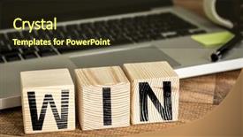  Presentation with win win - Colorful slide set enhanced with money trophy - win written on a wooden backdrop and a tawny brown colored foreground