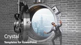  Presentation with blindfolded - Cool new slide deck with money valut - blindfolded businessman in front ot backdrop and a dark gray colored foreground