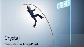  Presentation with pole - Audience pleasing slide set consisting of money valut - businessman pole vaulting over crisis backdrop and a light blue colored foreground