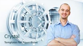  Presentation with vault - Colorful PPT theme enhanced with money valut - smiling man and vault door backdrop and a sky blue colored foreground