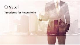  Presentation with cityscape - PPT theme featuring money workshop - businessman standing at cityscape background background and a  colored foreground