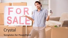  Presentation with home - Amazing PPT theme having moneybag - young man offering home backdrop and a coral colored foreground