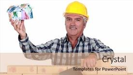  Presentation with kidney transplant holding a model - Beautiful PPT theme featuring moneywise wise - tradesman holding up a house backdrop and a lemonade colored foreground