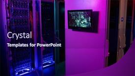  Presentation with blue neon - Audience pleasing presentation design consisting of monitor-hanging-on-server-rack backdrop and a navy blue colored foreground