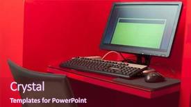  Presentation with computer keyboard and mouse - Colorful slide set enhanced with monitor keyboard mouse mat on table in red room backdrop and a tawny brown colored foreground