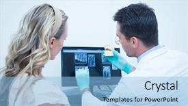  Presentation with prosthesis - Slide deck consisting of monitor x ray - side view of male dentist background and a light blue colored foreground