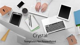  Presentation with cup coffee - Colorful presentation enhanced with monitoring others - concept of using electronics businesswoman backdrop and a light gray colored foreground