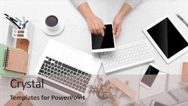  Presentation with coffee cup - Slides enhanced with monitoring others - concept of using electronics businesswoman background and a coral colored foreground