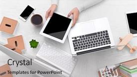  Presentation with monitoring - Theme enhanced with monitoring others - concept of using electronics businesswoman background and a light gray colored foreground