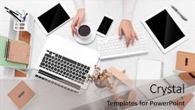  Presentation with monitoring - Cool new PPT theme with monitoring others - concept of using electronics businesswoman backdrop and a light gray colored foreground