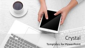  Presentation with electronics - Theme with monitoring others - concept of using electronics businesswoman background and a light gray colored foreground