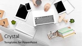  Presentation with cup coffee - Presentation theme with monitoring others - concept of using electronics businesswoman background and a light gray colored foreground