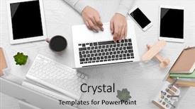  Presentation with electronics - Cool new presentation theme with monitoring others - concept of using electronics businesswoman backdrop and a light gray colored foreground