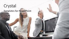  Presentation with green office - PPT layouts enhanced with monitoring others - employees greet each other background and a  colored foreground