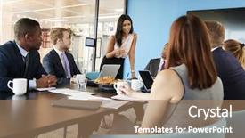  Presentation with team meeting - Amazing slide deck having monitoring others - female manager stands addressing team backdrop and a coral colored foreground