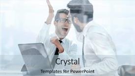  Presentation with coworkers - Audience pleasing slides consisting of monitoring others - happy coworkers giving each other backdrop and a light blue colored foreground