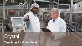  Presentation with factory - Colorful PPT layouts enhanced with monitoring others - two factory engineers discussing backdrop and a  colored foreground