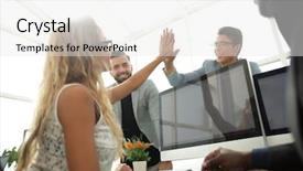  Presentation with employees - Presentation design consisting of monitoring others - young employees giving each other background and a white colored foreground