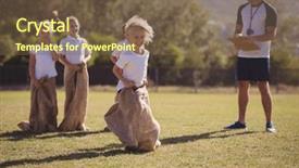  Presentation with monitoring - Presentation design enhanced with monitoring schoolgirls during sack race background and a tawny brown colored foreground
