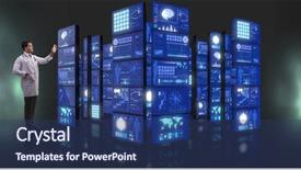  Presentation with telemedicine - Cool new PPT theme with monitors tomography - doctor in telemedicine concept pressing backdrop and a ocean colored foreground