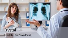  Presentation with radiologist - Amazing PPT layouts having monitors tomography - young woman visiting radiologist backdrop and a light blue colored foreground